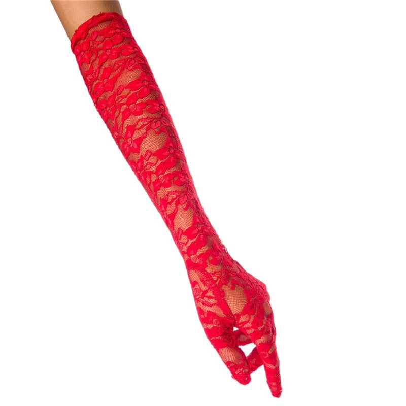 Seeksmile Women's 19" Elbow Length Sheer Lace Print Floral Gloves for Wedding Opera Party 1920s Flapper Cosplay (Red)